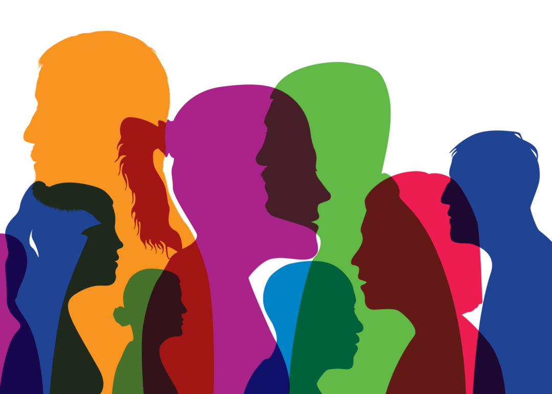 Concept of a cosmopolitan population with different silhouettes of men's and women's heads in colors and profile views.