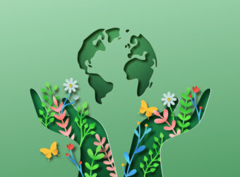 Green people hand papercut illustration with plant leaf, flower garden and planet earth. Eco-friendly lifestyle, nature connection or environmental concept. 3d natural cutout background.