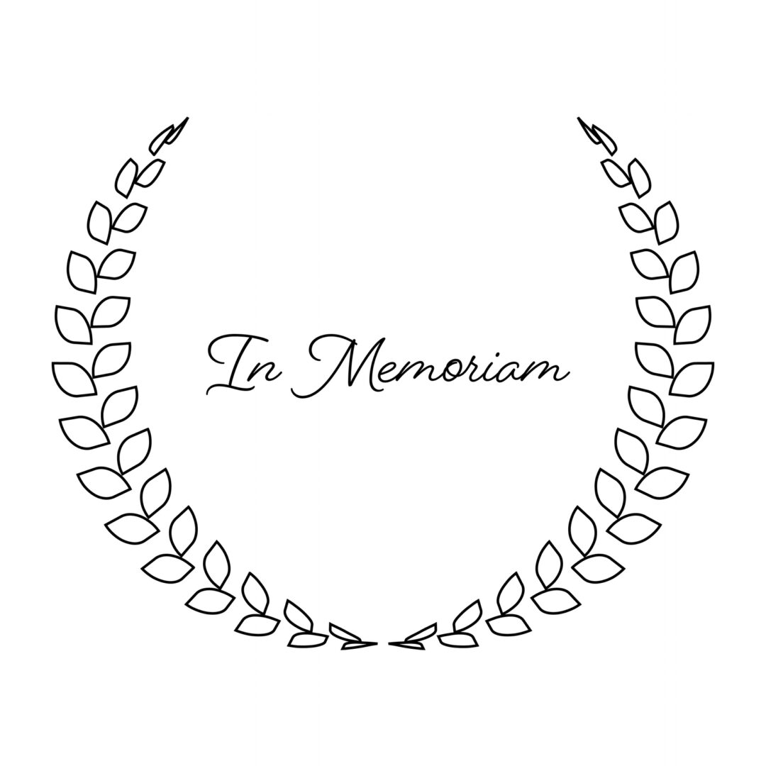 Funeral wreath with In Memoriam label. Rest in peace. Simple flat black illustration.