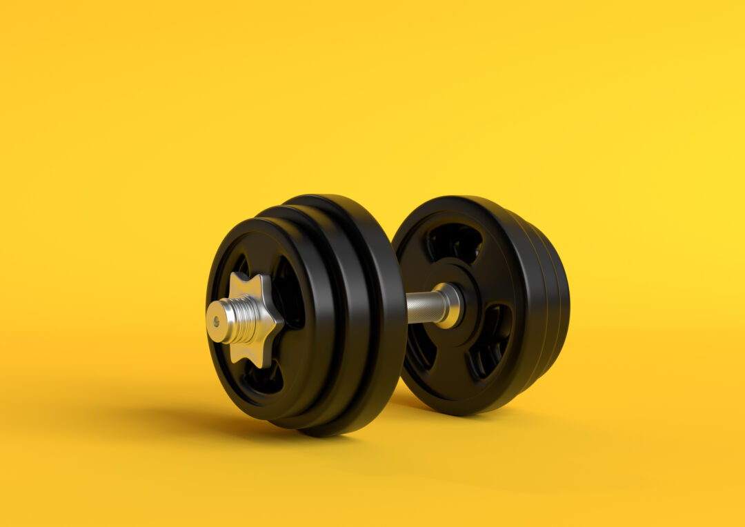 Dumbbell with black plates isolated on pastel yellow background. Front view with copy space. Creative concept. 3d rendering illustration