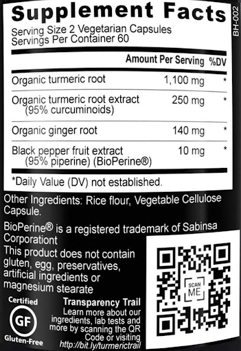 Image of a Supplement Facts label containing turmeric, ginger root, and BioPerine. The label contains a QR code, which, when scanned, traces the product's "Transparency Trail."