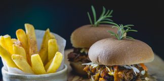 Shredded jack-fruit BBQ sandwiches with French fries