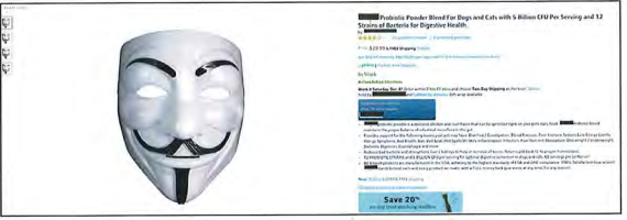 Image ID: Small/blurry image of an Amazon listing. Product title appears to be "Probiotic Powder for Dogs and Cats with 5 Billion CFU Per Serving and 12 Strains of Bacteria for Digestive Health." The rest of the text is too small/blurry to read. Instead of an image of the product, the image listing is the mask from the V for Vendetta movie. End ID.