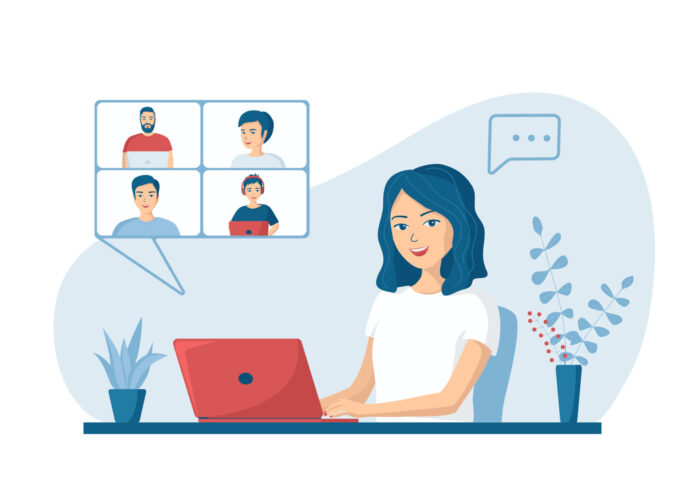 Happy young woman talking to colleagues using a video call. Concept of online conference from home. Remote work from home during quarantine. Vector illustration in a flat cartoon style.