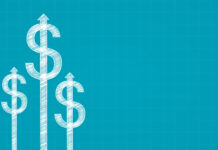 Abstract financial chart with dollar sign and arrow in chalk Scribble design on blue color background