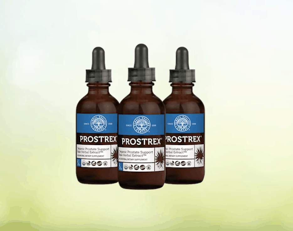Image of three bottles of Prostrex on a white-green gradient background.