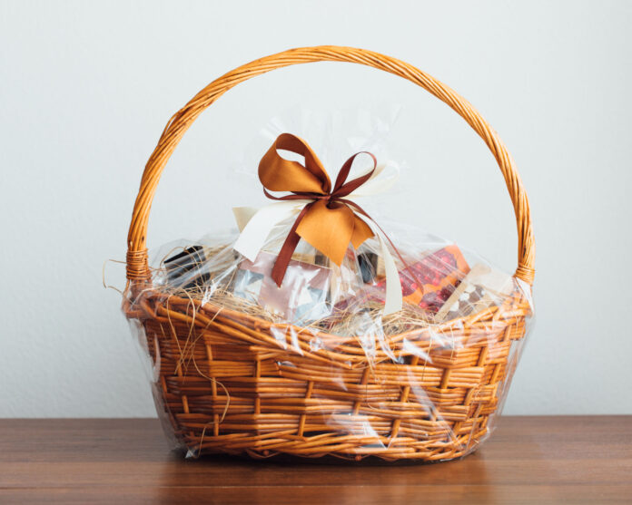 gift basket on gray background, close-up view
