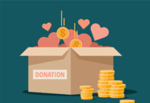 Charity donation box with coins and hearts. Vector Illustration
