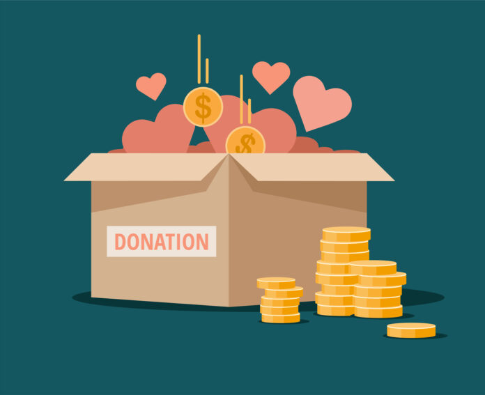 Charity donation box with coins and hearts. Vector Illustration