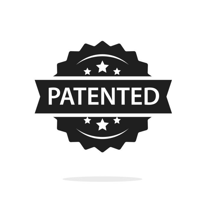 Patented label badge vector stamp black and white, intellectual property copyright protection tag seal isolated, success patent, licensed sign image