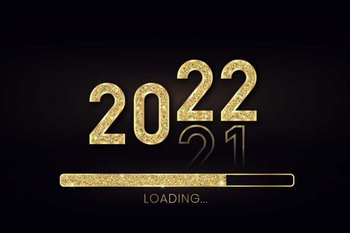 2022 New Year gold progress bar. Golden loading bar with glitter particles on black background for Christmas greeting card. Design template for holiday party invitation. Concept of festive banner.