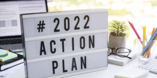 2022 action plan text on light box on desk table in office.Business motivation or management.