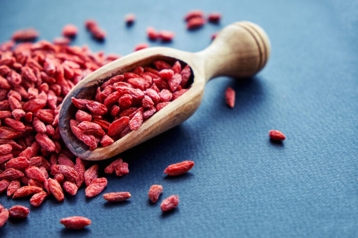 Top view of dried goji berries in a wooden scoop and on a pale blue tablecloth.