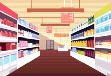 Grocery supermarket interior with full product shelves. Retail and consumerism vector concept. Illustration of supermarket and shop, grocery interior