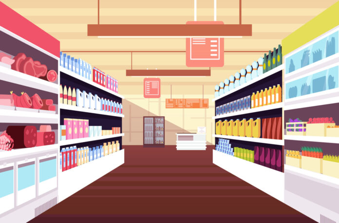 Grocery supermarket interior with full product shelves. Retail and consumerism vector concept. Illustration of supermarket and shop, grocery interior
