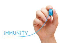 Hand drawing increasing Immunity graph with blue marker on transparent wipe board isolated on white.