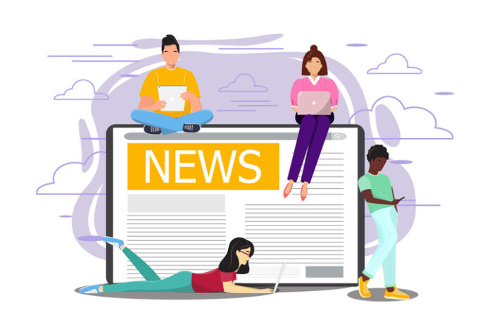 Young modern diverse people reading good news from their devices. Modern media concept illustration with people of different nationalities using their devices.