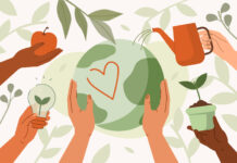 People taking care about planet earth and saving from climate change. Characters hands holding eco friendly objects. Sustainable lifestyle and climate change concept. Flat cartoon vector illustration.