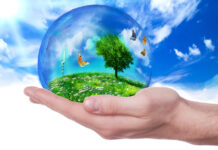 hand holding a planet represented by a green nature and a serene environment and ecological
