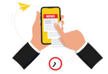Newspaper with news in smartphone. Hand holding phone and scrolling news feed. Daily or weekly breaking news. News webpage, information about events, activities. Worldwide media in your device