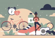 cartoon woman doing yoga with bicycle and shoe background graphic