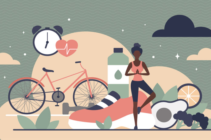 cartoon woman doing yoga with bicycle and shoe background graphic